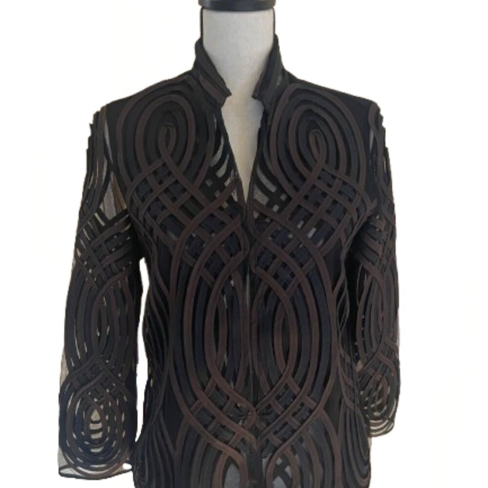 Chicos Travelers Collection Neutral Swirl Striped Jacket In Brown/Black Combo.